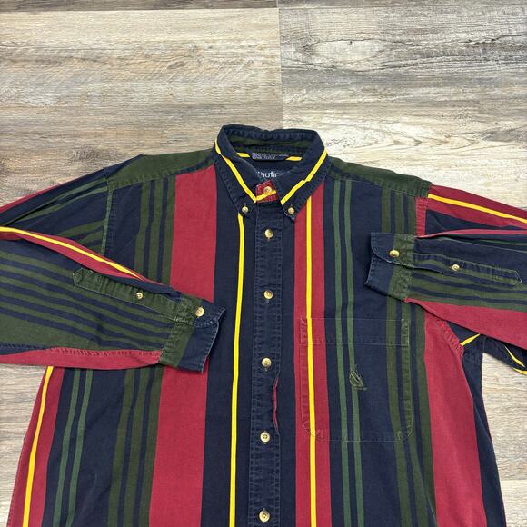 Vintage 90s Nautica Blue Green Red Striped‎ Mens M Long Sleeve Button Down Shirt - Picture 1 of 8
